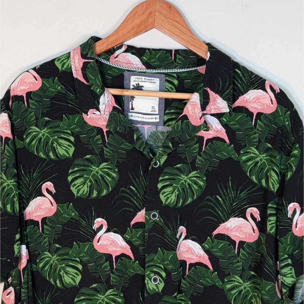 Free Planet Flamingo Monstera Tropical Rayon Button Down Shirt XL Black Green